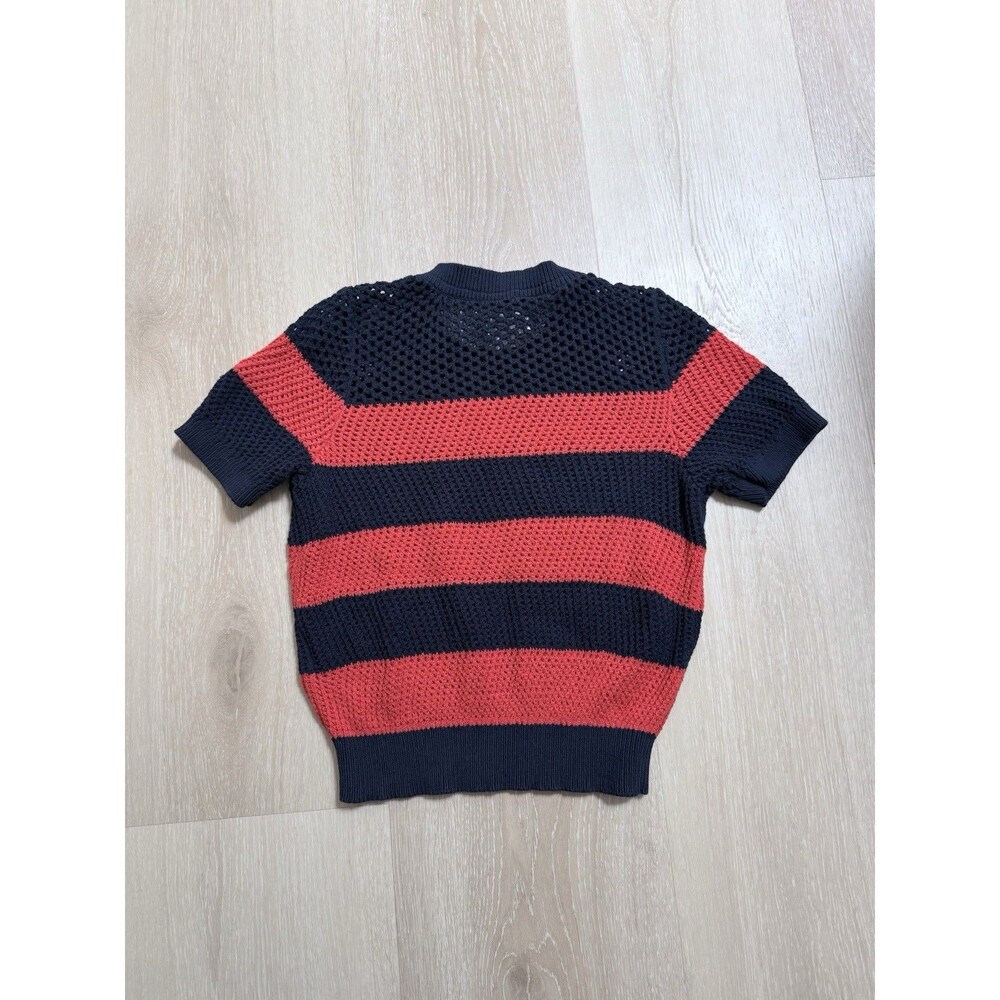 Anthropologie Maeve Open Knit Striped Sweater Top XS Red Navy Blue Short Sleeve - Picture 5 of 14